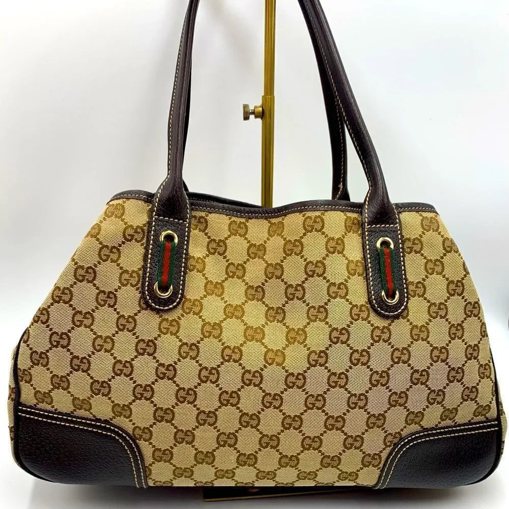 Auth GUCCI GG Monogram Tan Brown Canvas Leather Princey Shoulder 2way Handbag